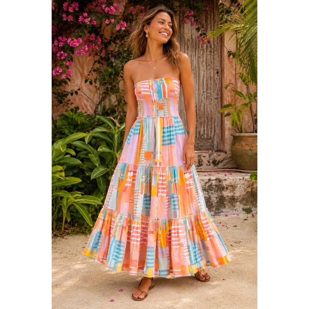 Abel the Label Strapless Maxi Dress Multi Color Patchwork Smocked Tiered Large - Picture 1 of 5
